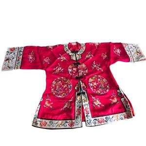 Vintage Red Embroidered Chinese Silk Cheongsam Robe Kimono Coat Jacket Medium